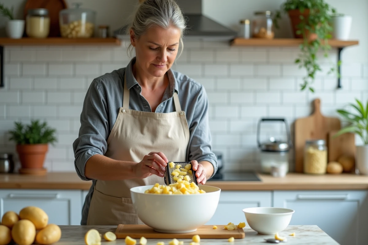 Femme râpant des pommes de terre fraîches dans une cuisine moderne pour préparer une rapée au four légère