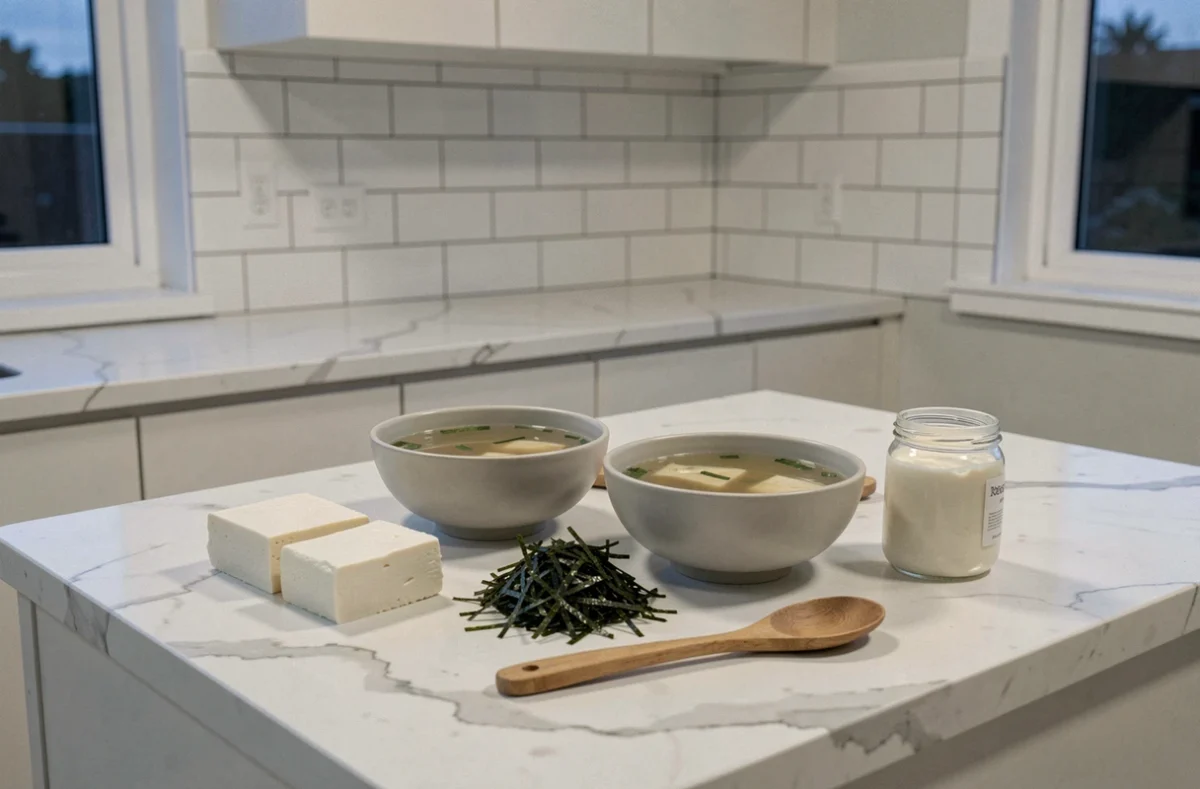 Préparation de soupe miso en deux portions avec tofu, pâte miso et algues sur un plan de travail en marbre pour un dîner minceur