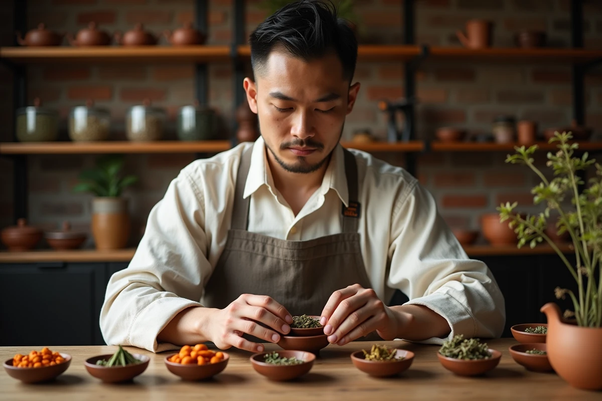Homme préparant une tisane chinoise aux herbes médicinales pour favoriser la perte de poids