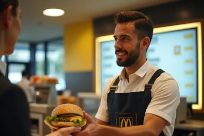 Employé McDonald's en France remettant un Big Mac à un client au comptoir avec les prix affichés en arrière-plan