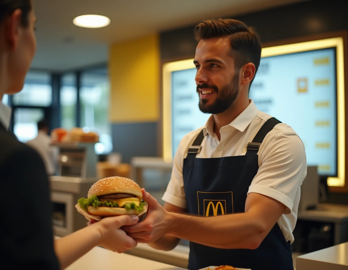 Employé McDonald's en France remettant un Big Mac à un client au comptoir avec les prix affichés en arrière-plan