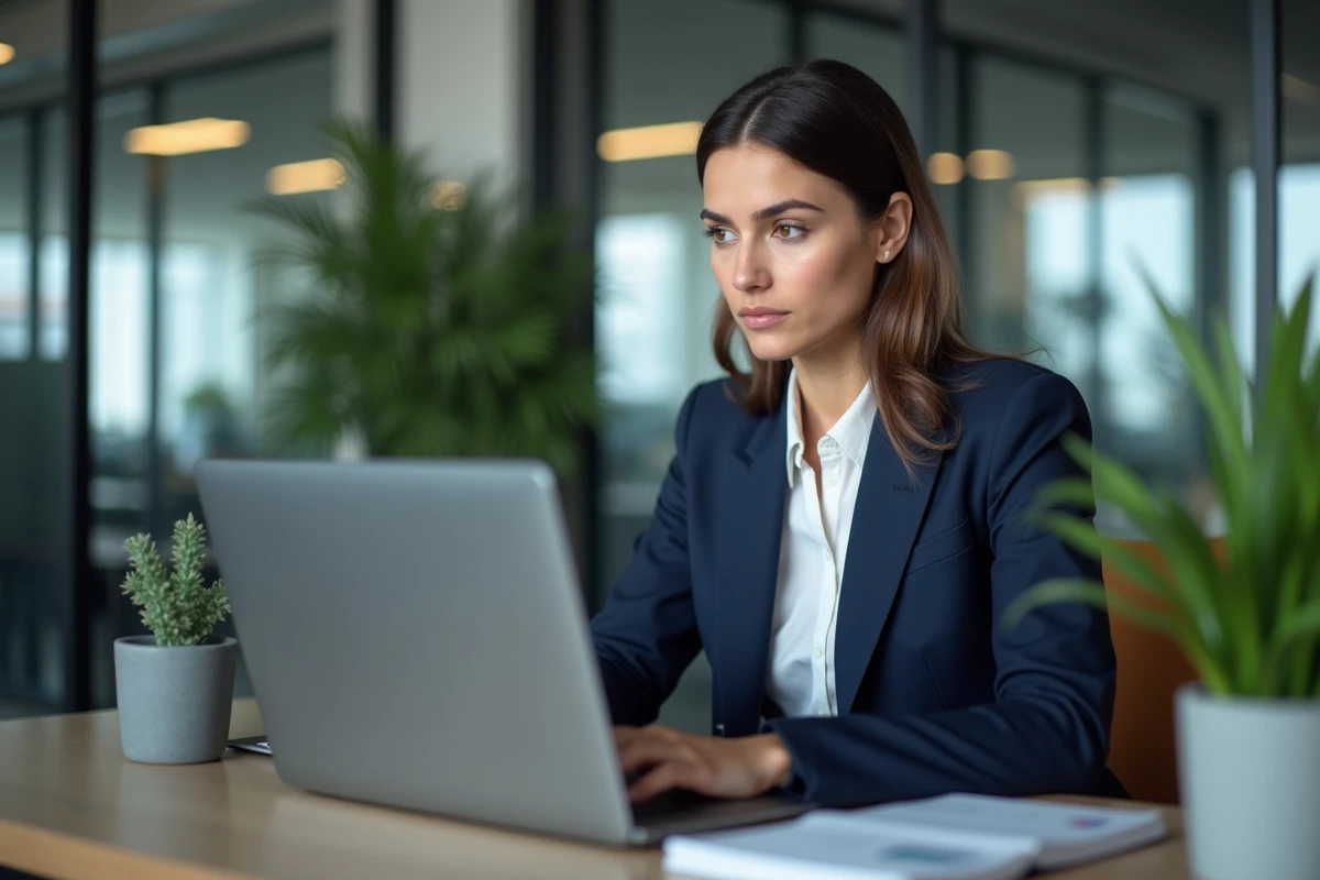 Professionnelle utilisant un ordinateur portable haut de gamme dans un bureau moderne pour illustrer l'investissement dans l'équipement tech de qualité