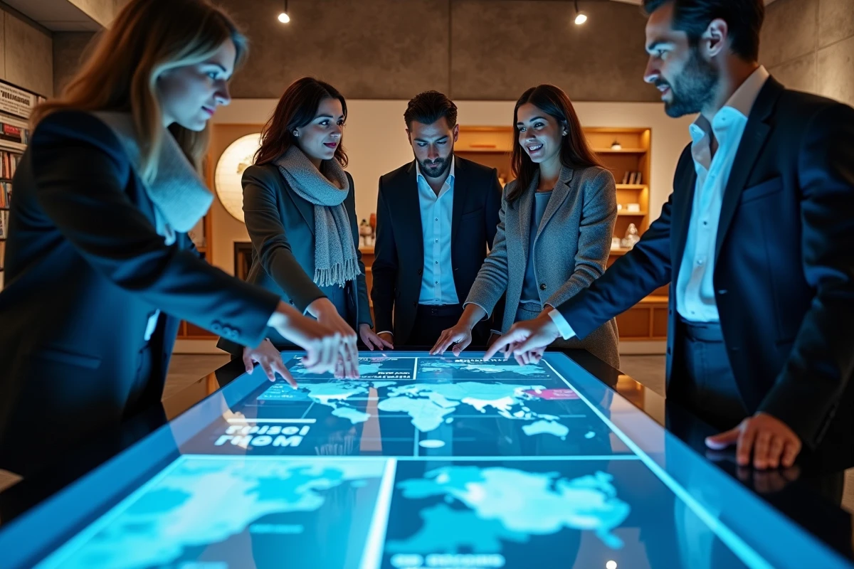 Groupe de professionnels analysant l'actualité mondiale sur un écran interactif avec cartes géopolitiques