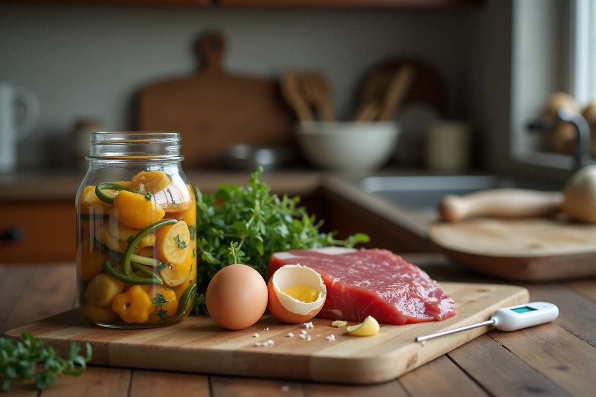 Illustration des quatre types de dangers alimentaires : biologiques, chimiques, physiques et allergènes sur une table de cuisine