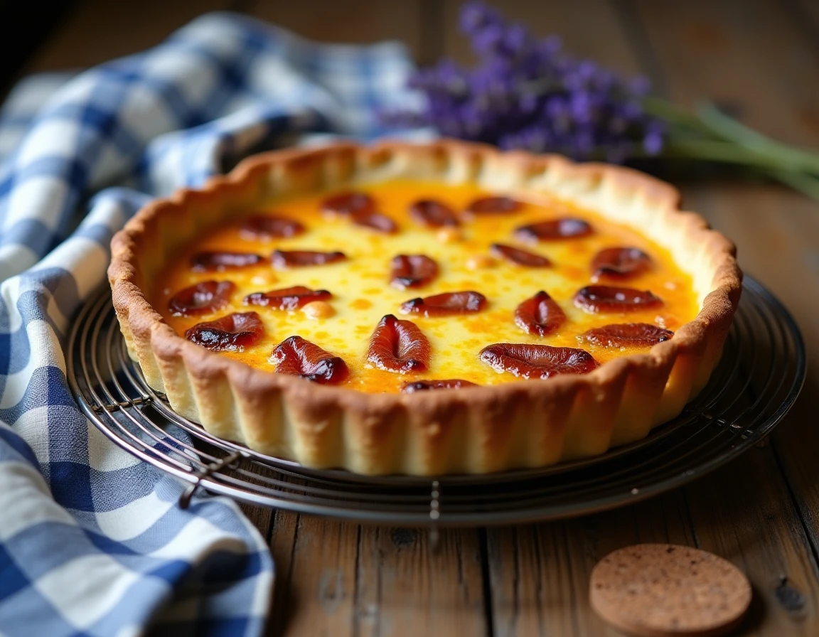 Quiche lorraine dorée et parfaitement cuite sur une grille de refroidissement posée sur une table en bois rustique