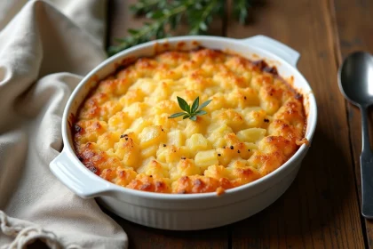 Rapée de pomme de terre au four croustillante dans un plat en céramique blanche sur table en bois rustique