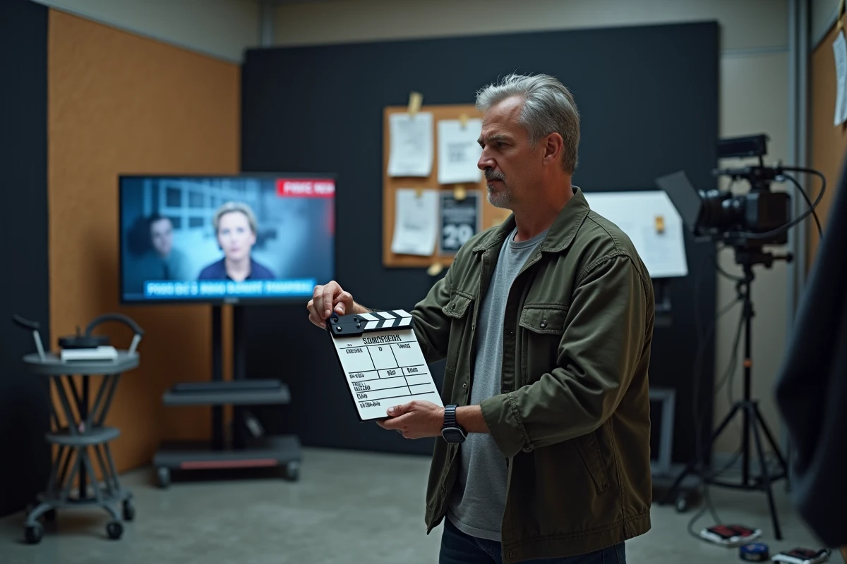 Réalisateur en studio de cinéma entouré de storyboards et d'écrans d'actualité, illustrant l'influence des événements contemporains sur la création culturelle