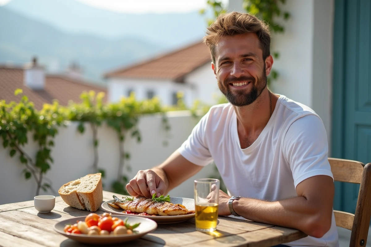 Homme souriant savourant un repas méditerranéen traditionnel avec poisson grillé et légumes sur une terrasse ensoleillée en Europe