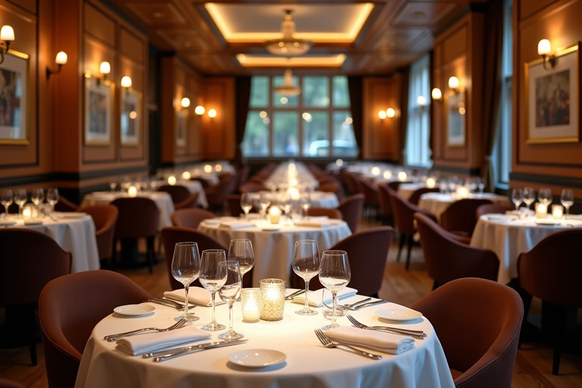 Salle de restaurant gastronomique étoilé Michelin à New York avec tables dressées et décor élégant