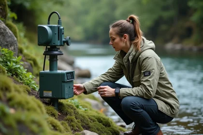 Scientifique environnementale inspectant une station de surveillance solaire au bord d'une rivière, équipement tech et protection de l'environnement