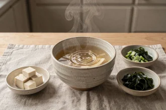 Bol de soupe miso vapeur sur une table en bois minimaliste avec tofu, algues wakamé et oignons verts pour un repas du soir minceur