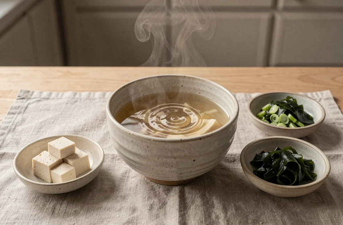 Bol de soupe miso vapeur sur une table en bois minimaliste avec tofu, algues wakamé et oignons verts pour un repas du soir minceur