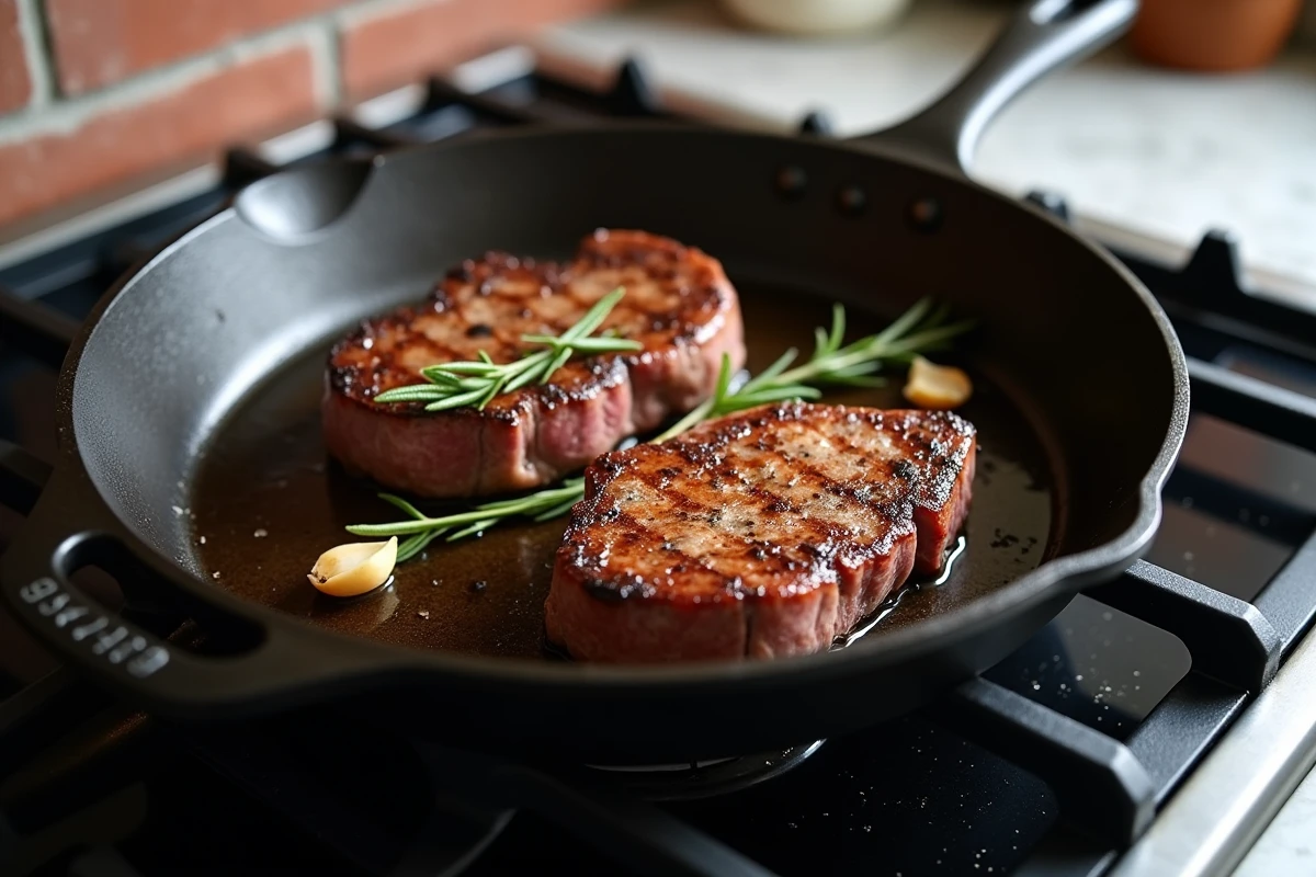 Steaks de ribeye saisis dans une poêle en fonte sur gazinière avec romarin frais et ail écrasé
