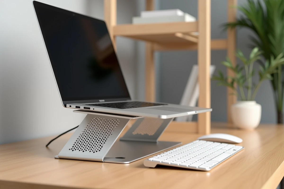Support ventilé en aluminium argenté pour ordinateur portable surélevé sur un bureau en bois avec clavier et souris sans fil devant