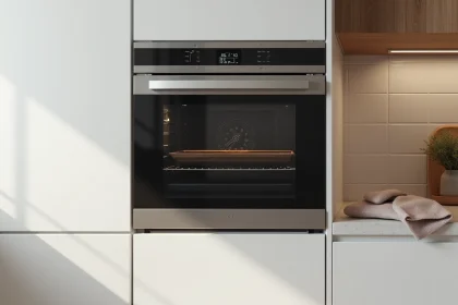 Four encastré moderne avec cadran de température réglé à 180°C et symboles de cuisson visibles sur le panneau de commande