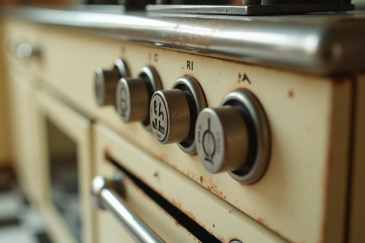 Gros plan sur les symboles gravés d'un four traditionnel vintage indiquant les modes chaleur tournante, gril et convection naturelle