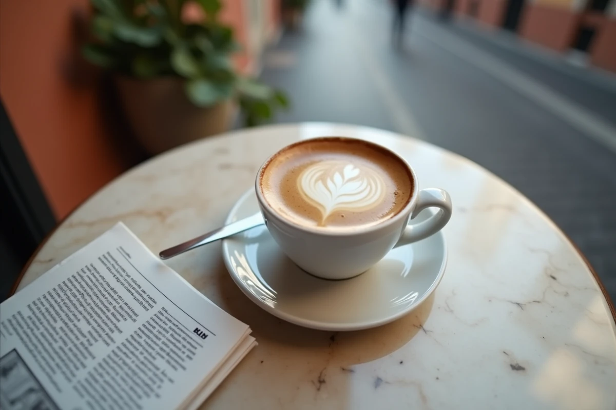 Tasse d'espresso italien avec crema dorée sur une table en marbre dans un café de rue à Rome