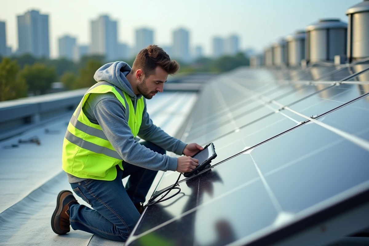 Technicien connectant des câbles sur des panneaux solaires photovoltaïques sur un toit urbain avec tablette de diagnostic