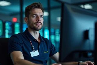 Technicien en sécurité informatique travaillant sur des tableaux de bord de cybersécurité dans un centre opérationnel moderne