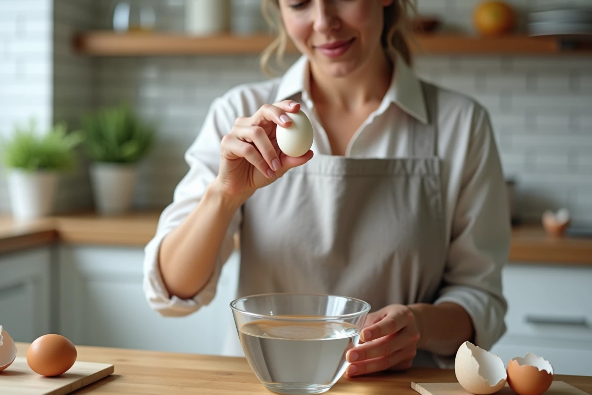 Femme testant la fraîcheur d'un œuf dans un verre d'eau dans une cuisine moderne