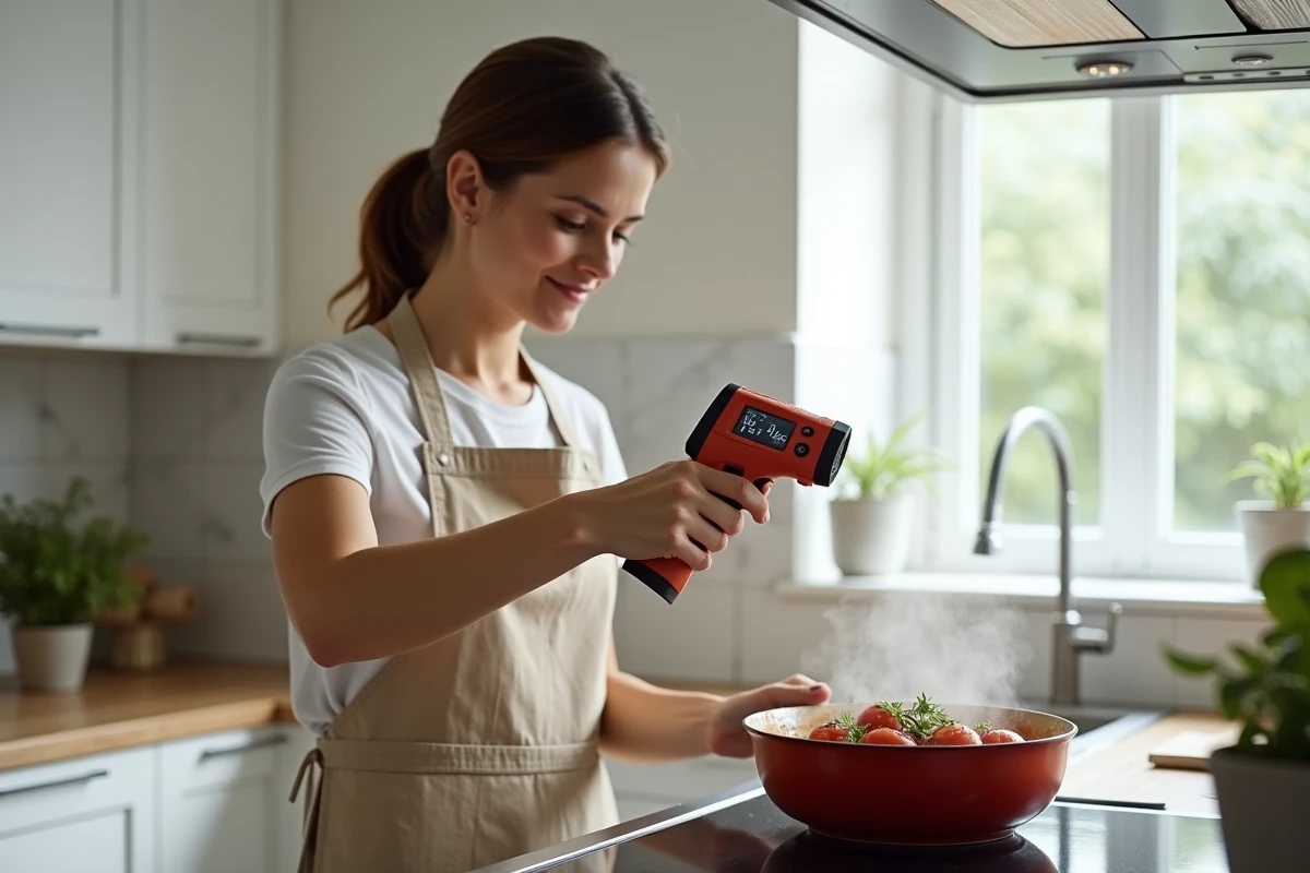 Femme utilisant un thermomètre infrarouge sans contact pour mesurer la température d'une sauce tomate sur une cuisinière à domicile