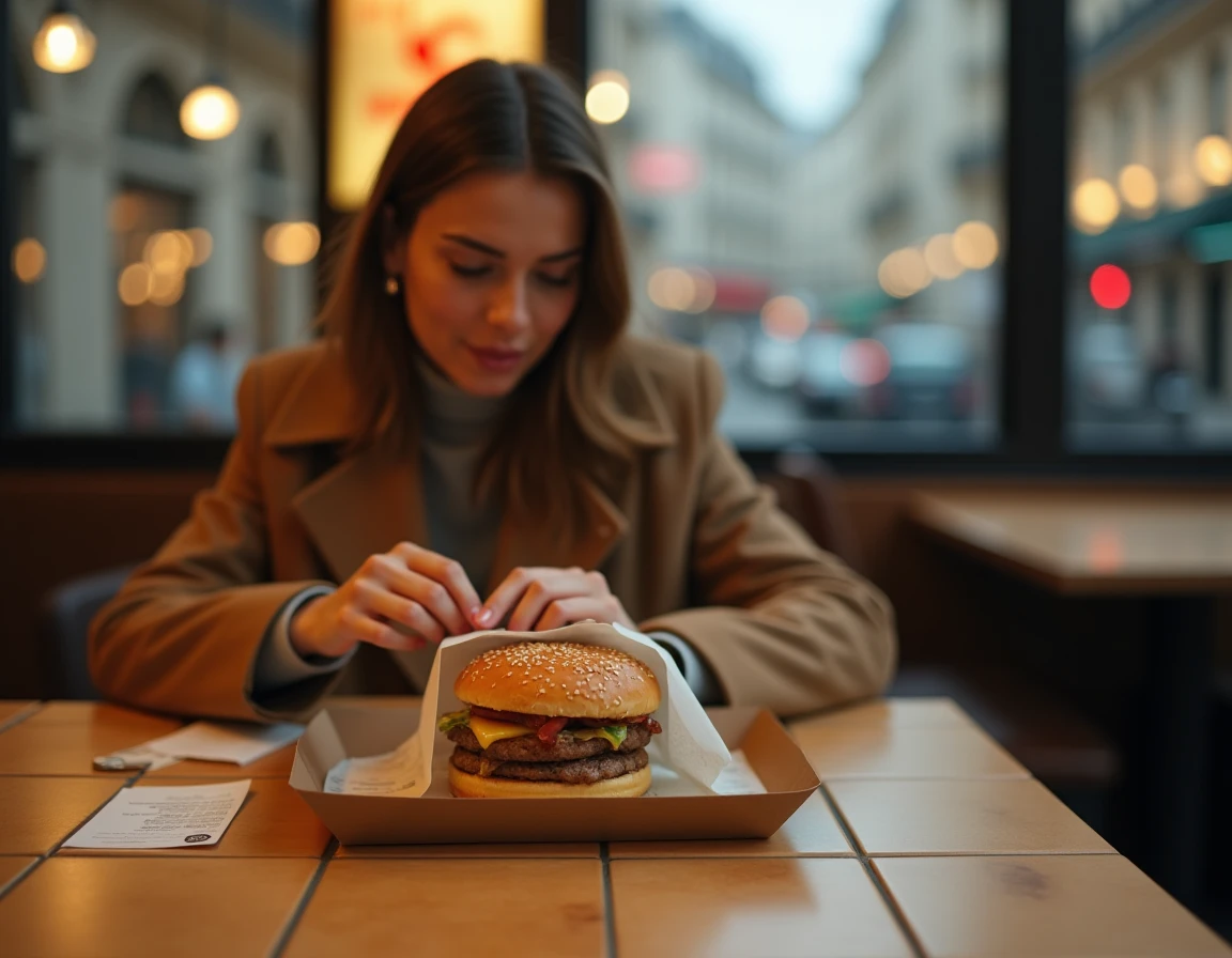 Femme consultant son ticket de caisse McDonald's avec des pièces en euros posées à côté d'un Big Mac à Paris