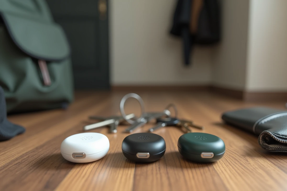 Trois trackers Bluetooth multi-objets en blanc, noir et vert foncé posés sur du bois à côté de clés et d'un portefeuille