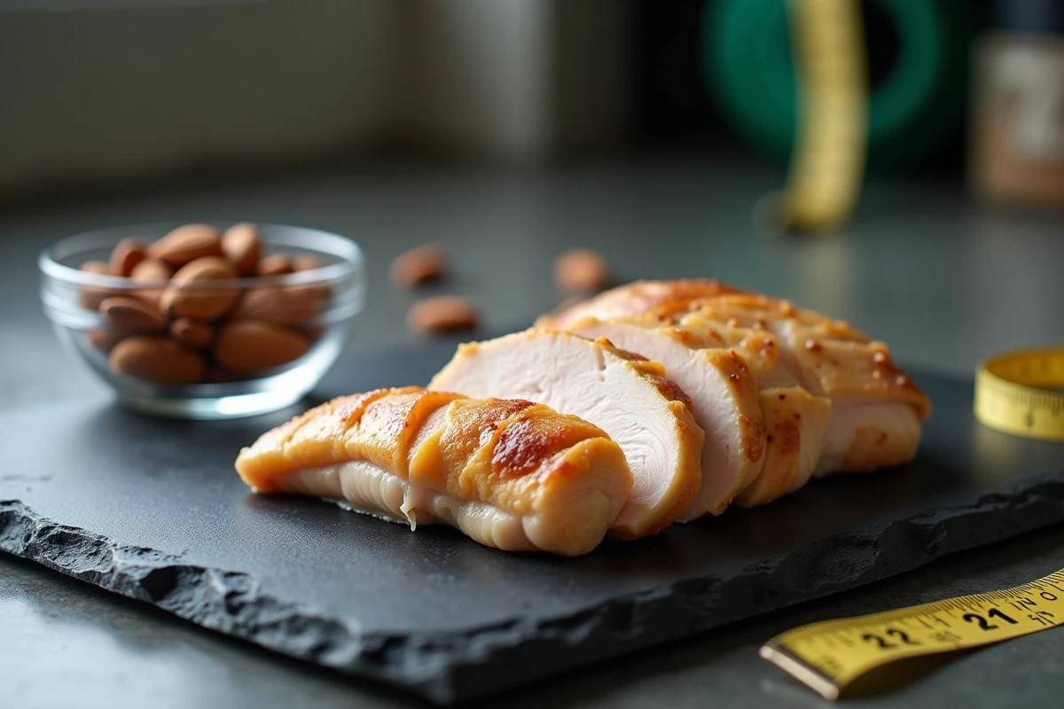 Tranches de poulet cuit sur ardoise avec amandes et mètre ruban pour illustrer les protéines et la nutrition sportive