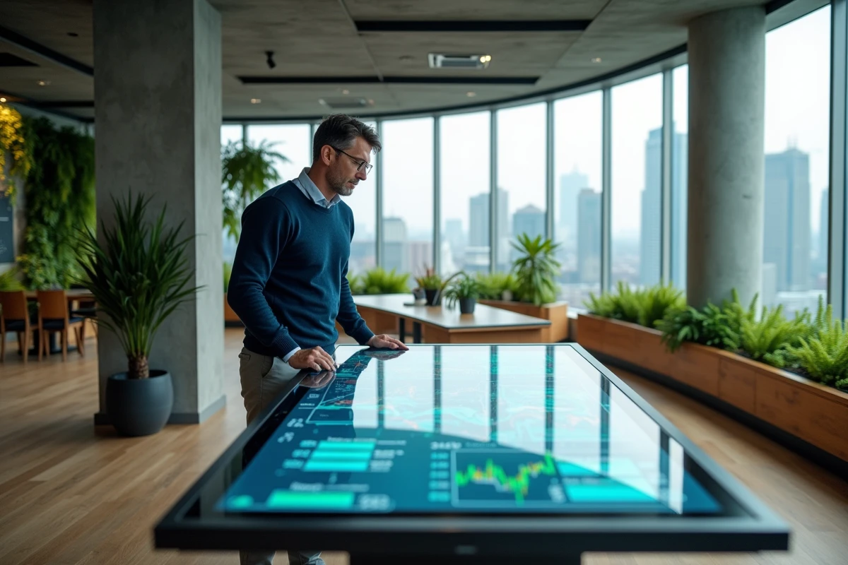 Urbaniste analysant une carte de consommation énergétique urbaine sur un écran interactif dans un bureau écologique moderne