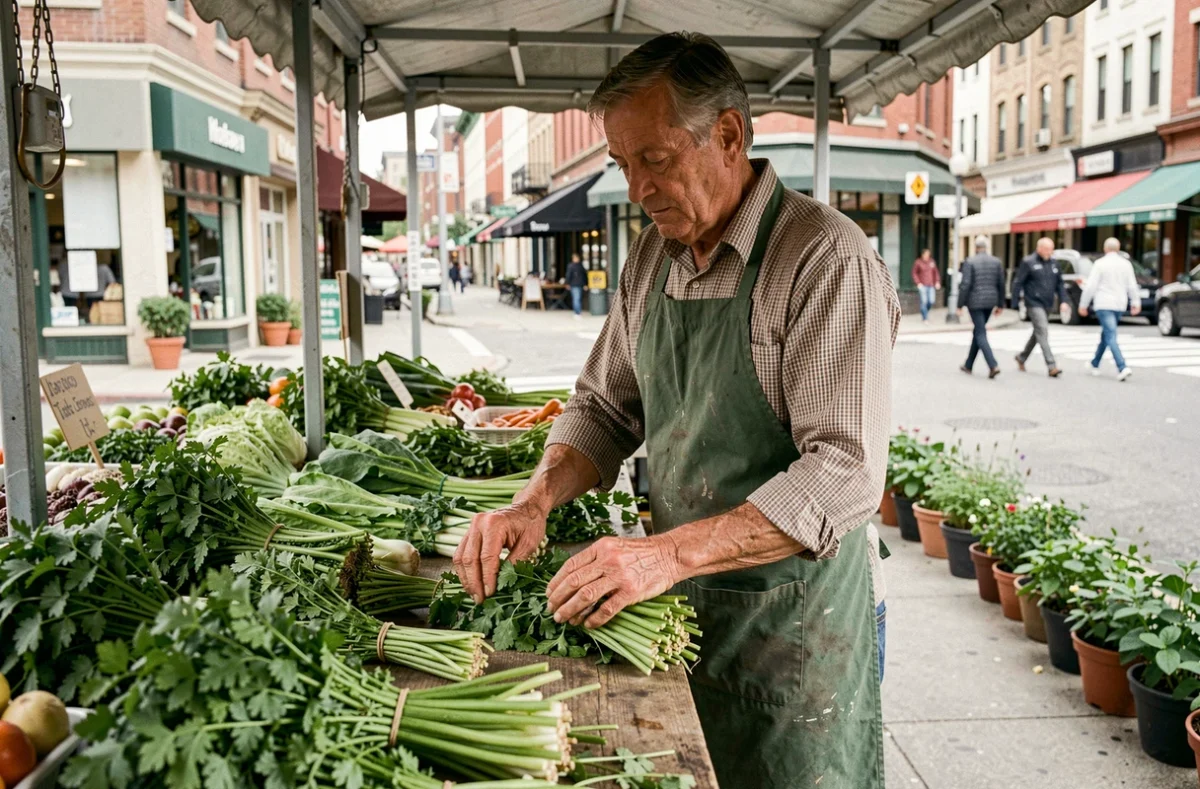 Vendeur de marché arrangeant des herbes fraîches et légumes verts sur un étal urbain
