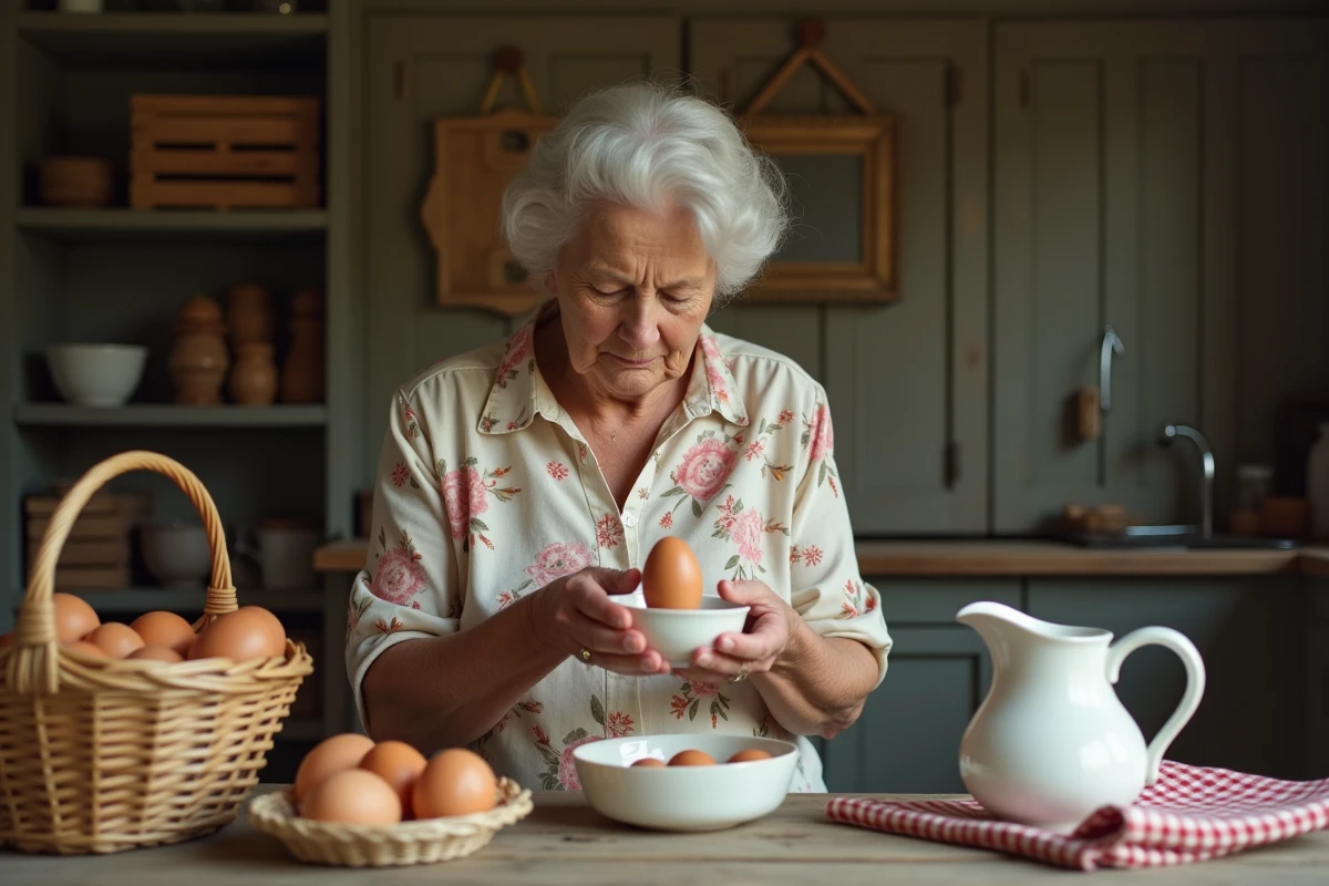 Femme âgée vérifiant l'odeur d'un œuf cassé au-dessus d'un bol dans une cuisine rustique