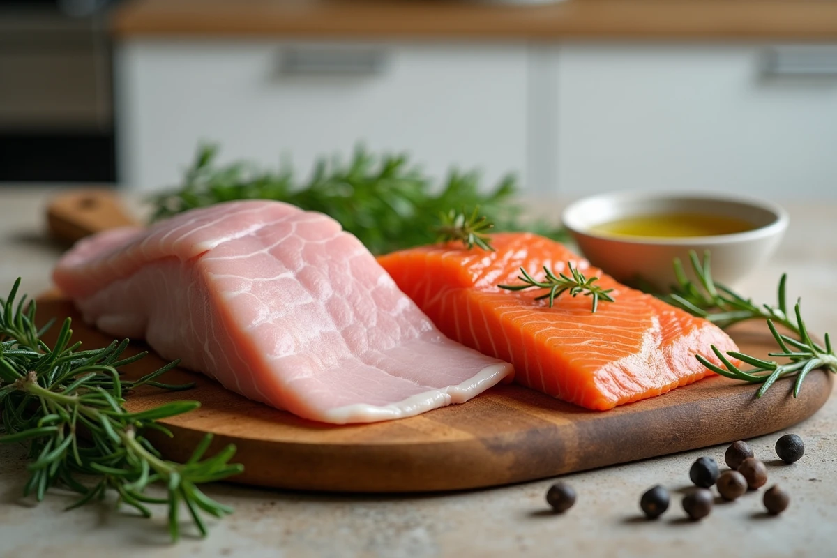 Viandes maigres et poisson adaptés aux diabétiques sur une planche en bois avec herbes fraîches