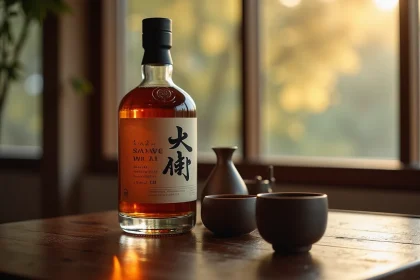 Bouteille de whisky japonais premium posée sur une table en bois sombre avec des tasses à saké en céramique dans un restaurant japonais minimaliste